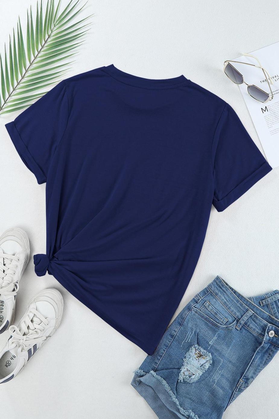 T Shirts | Blue Solid Color Basic Crew Neck Plain Tee - Women