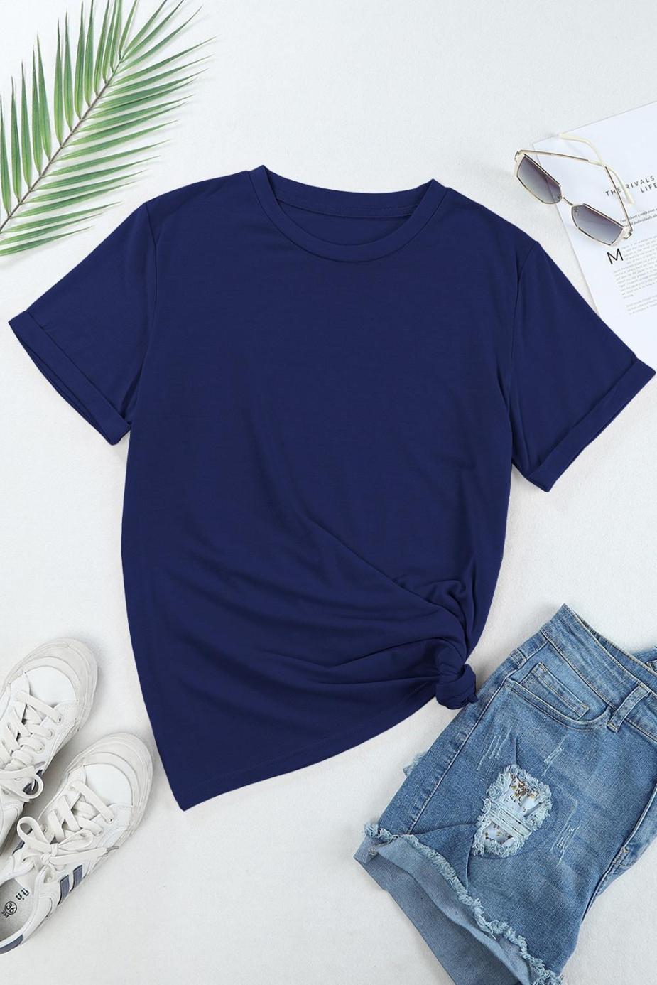 T Shirts | Blue Solid Color Basic Crew Neck Plain Tee - Women