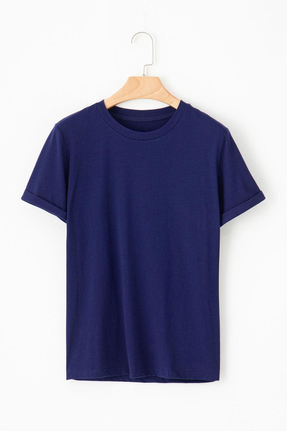 T Shirts | Blue Solid Color Basic Crew Neck Plain Tee - Women
