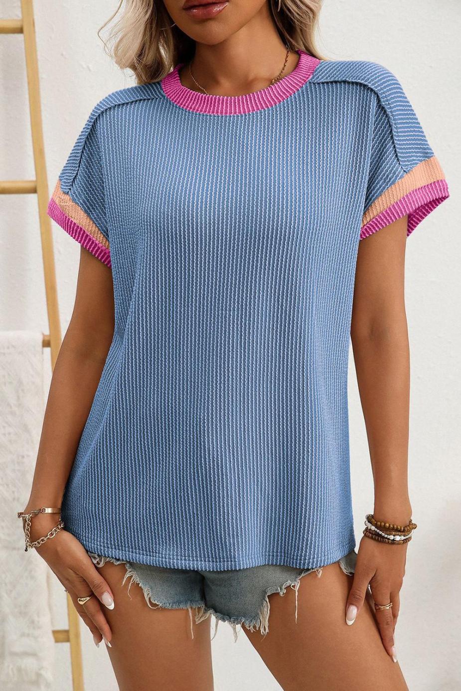 T Shirts | Dark Blue Colorblock Trim Corded Rib T Shirt - Women