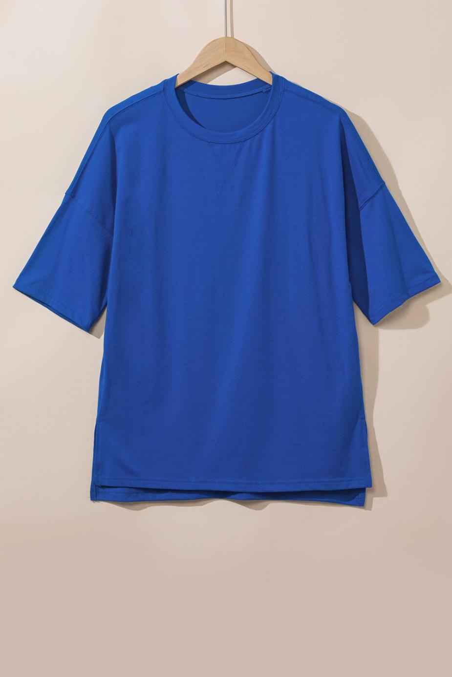 T Shirts | Dark Blue Solid Color Side Slit Tunic Top - Women