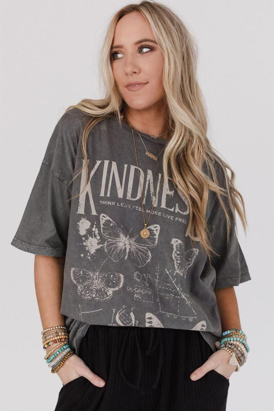 T Shirts | Dark Grey Kindness Butterflies Graphic Mineral Wash Loose Tee - Women