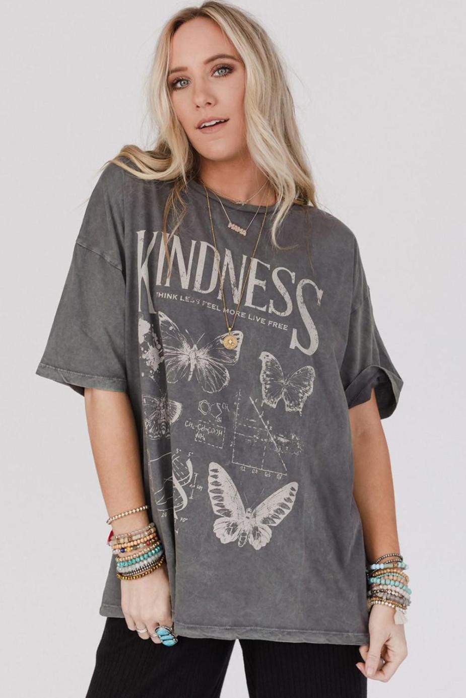T Shirts | Dark Grey Kindness Butterflies Graphic Mineral Wash Loose Tee - Women