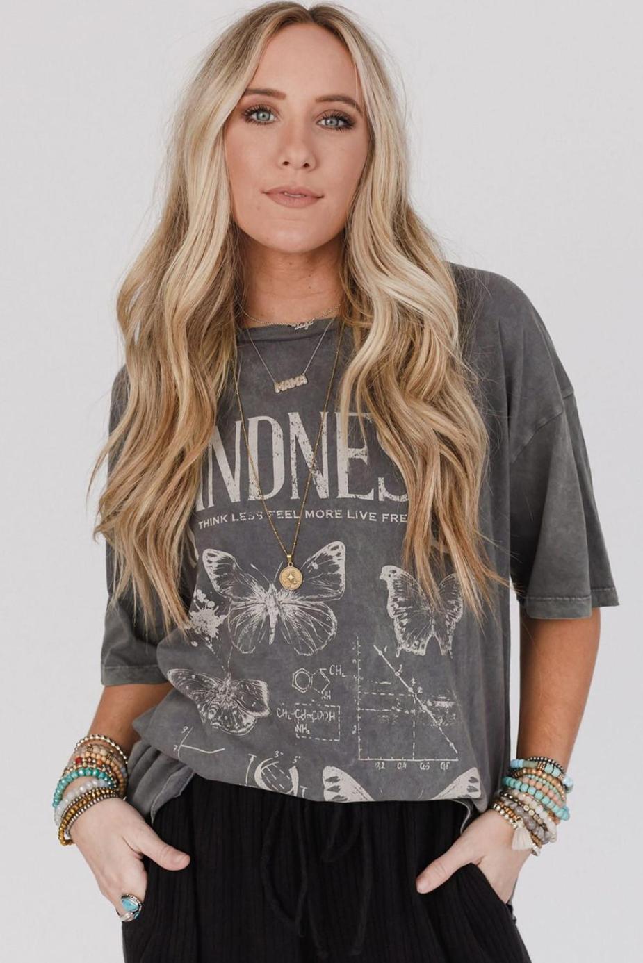 T Shirts | Dark Grey Kindness Butterflies Graphic Mineral Wash Loose Tee - Women