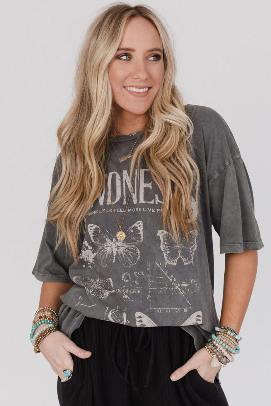T Shirts | Dark Grey Kindness Butterflies Graphic Mineral Wash Loose Tee - Women