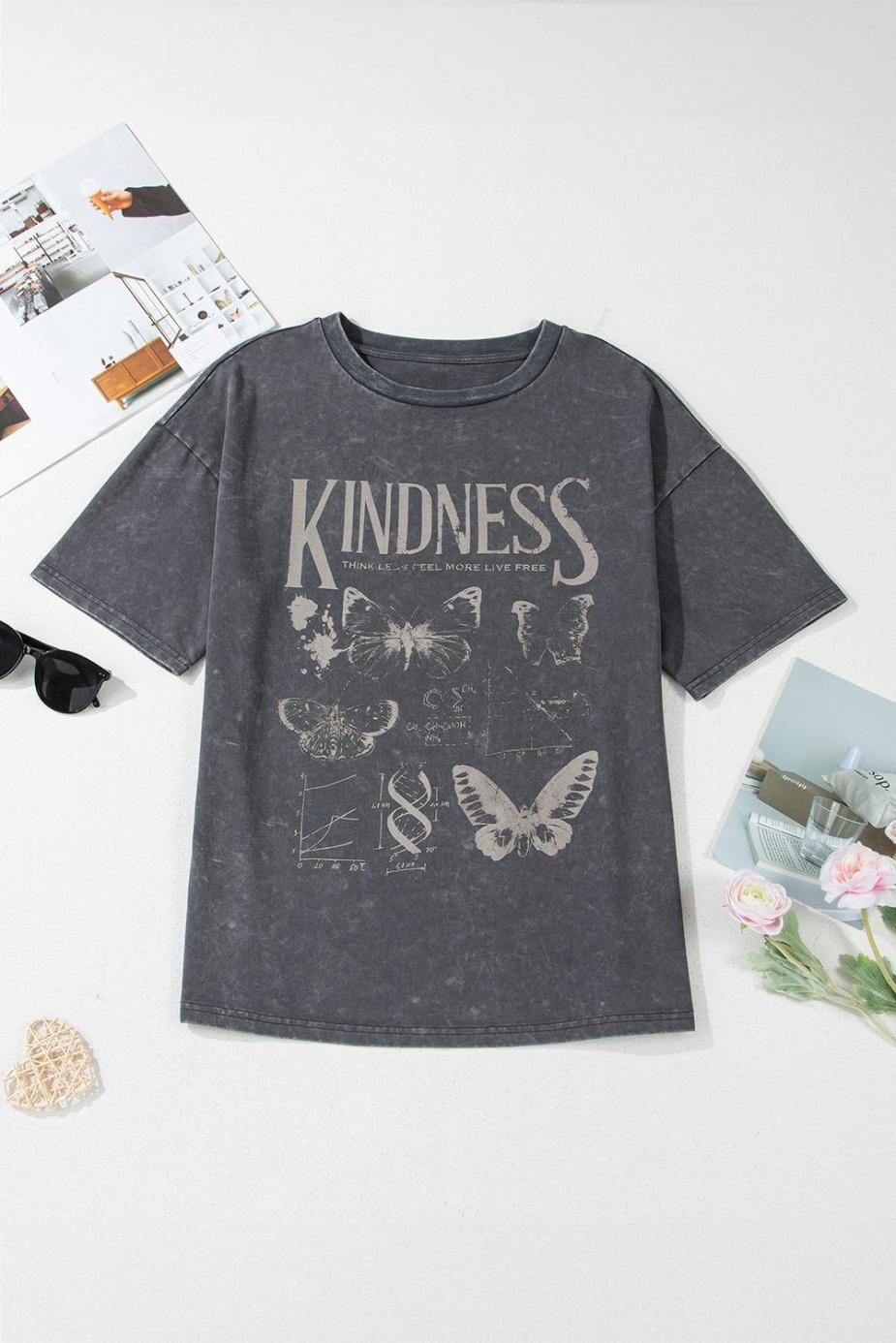 T Shirts | Dark Grey Kindness Butterflies Graphic Mineral Wash Loose Tee - Women
