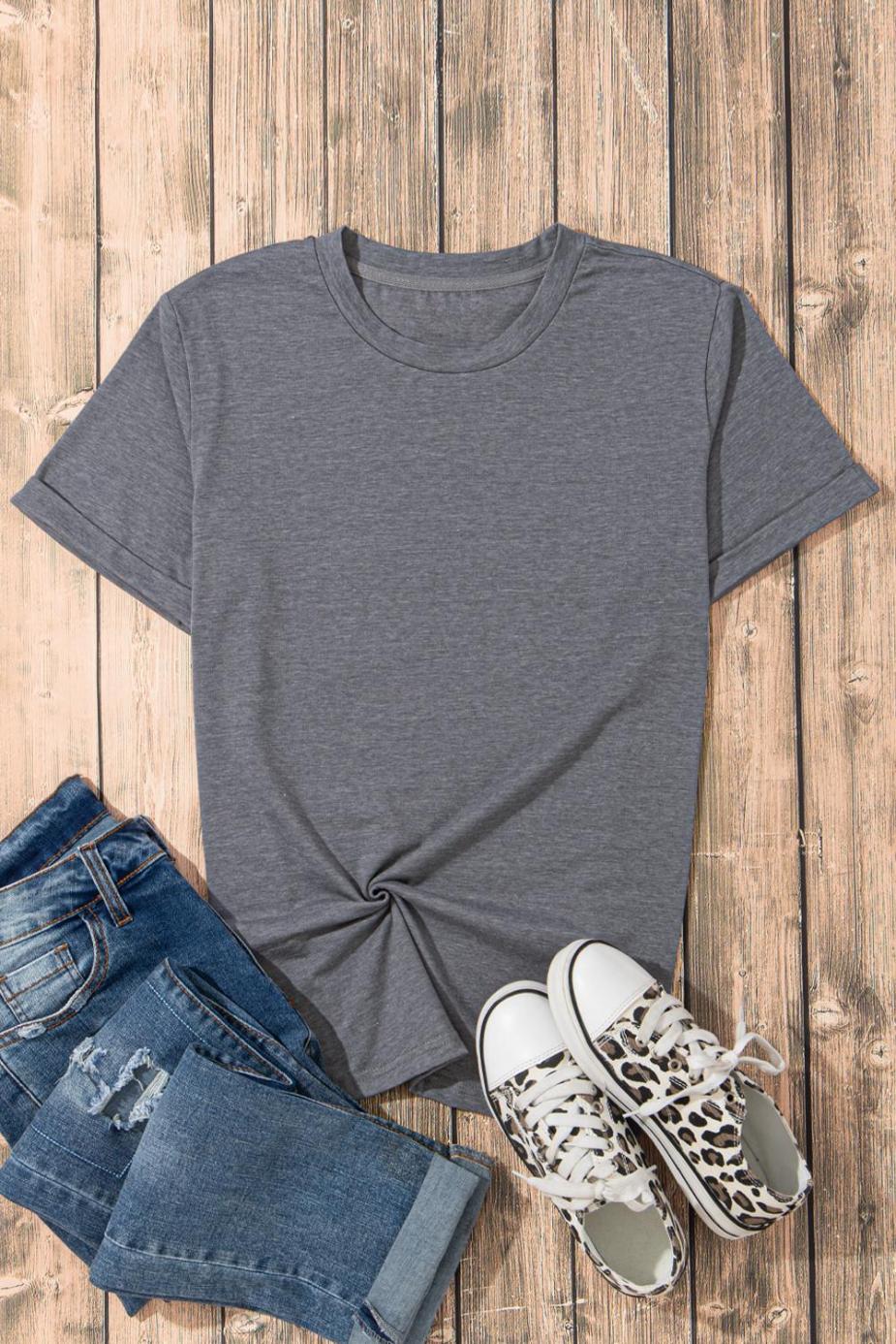 T Shirts | Gray Solid Color Basic Crew Neck Plain Tee - Women