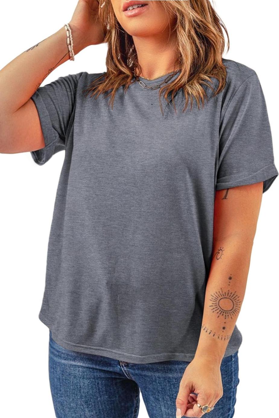T Shirts | Gray Solid Color Basic Crew Neck Plain Tee - Women