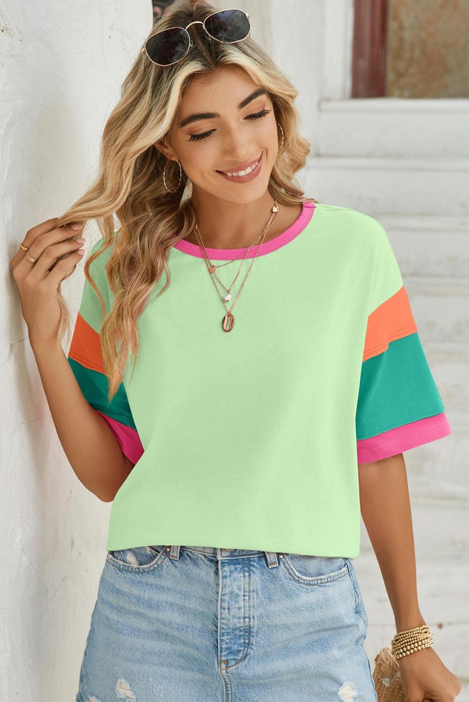 T Shirts | Green Color Block Sleeve Round Neck Oversize Top - Women