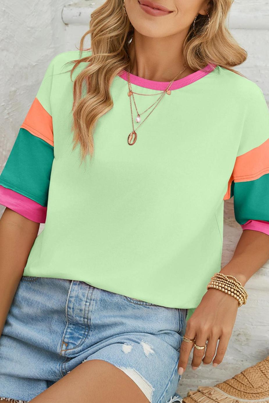 T Shirts | Green Color Block Sleeve Round Neck Oversize Top - Women