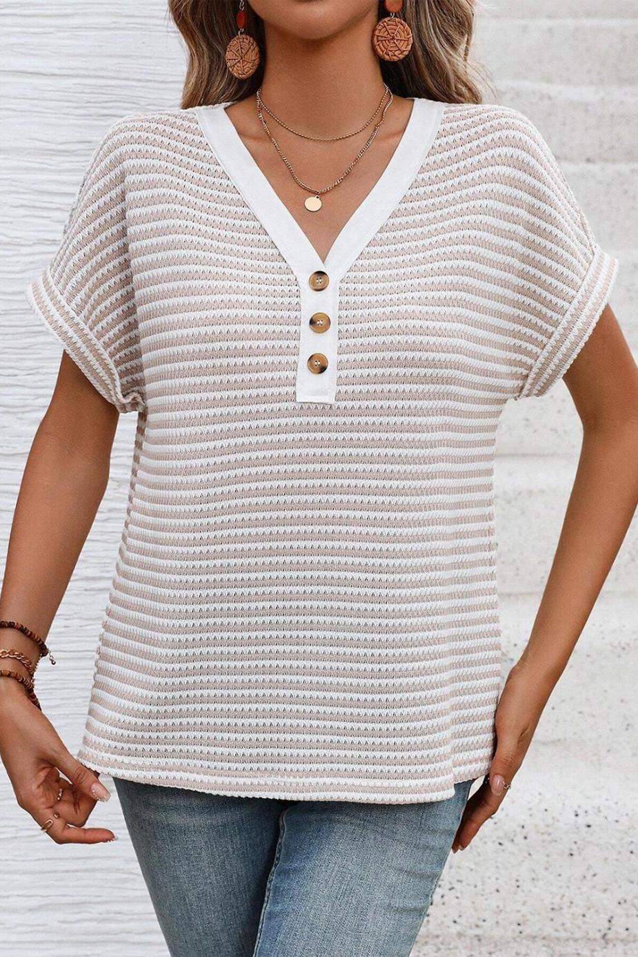 T Shirts | Khaki Striped Button Front V Neck Knitted Top - Women