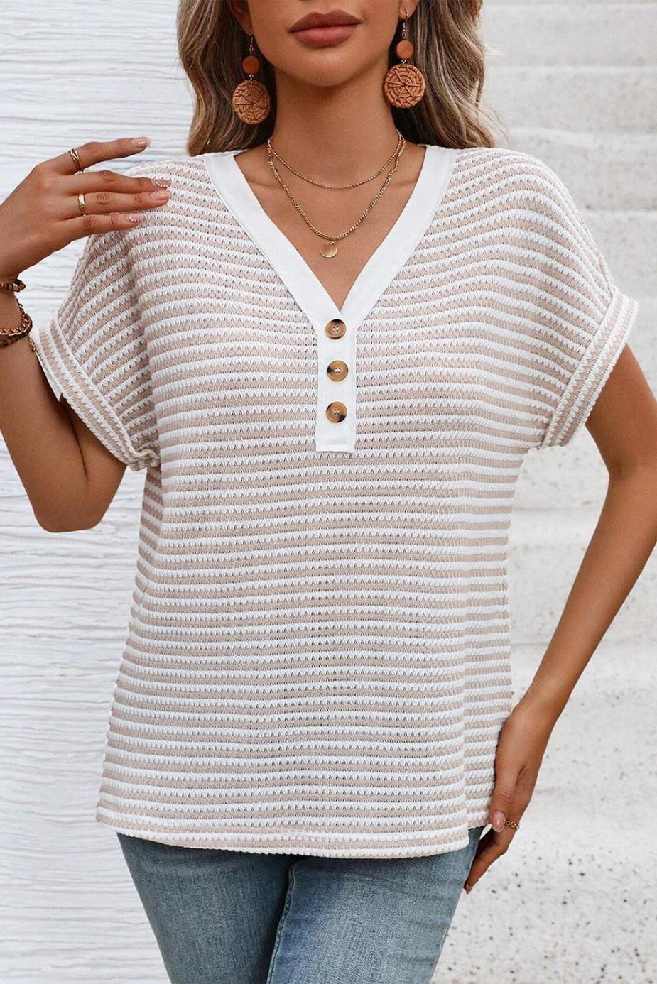 T Shirts | Khaki Striped Button Front V Neck Knitted Top - Women