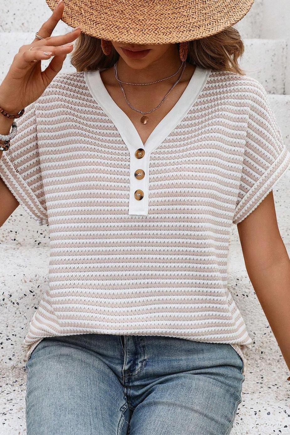 T Shirts | Khaki Striped Button Front V Neck Knitted Top - Women