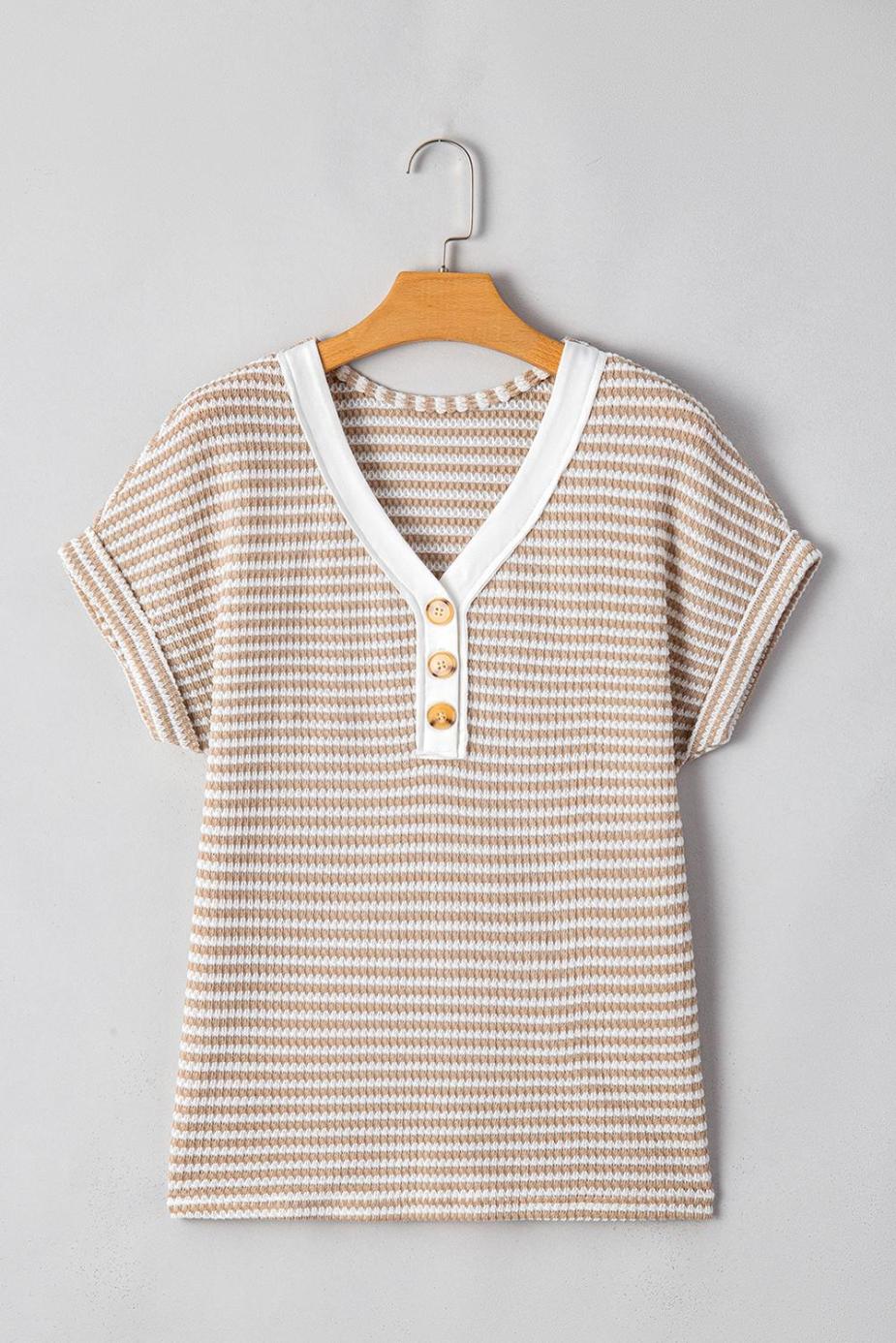 T Shirts | Khaki Striped Button Front V Neck Knitted Top - Women