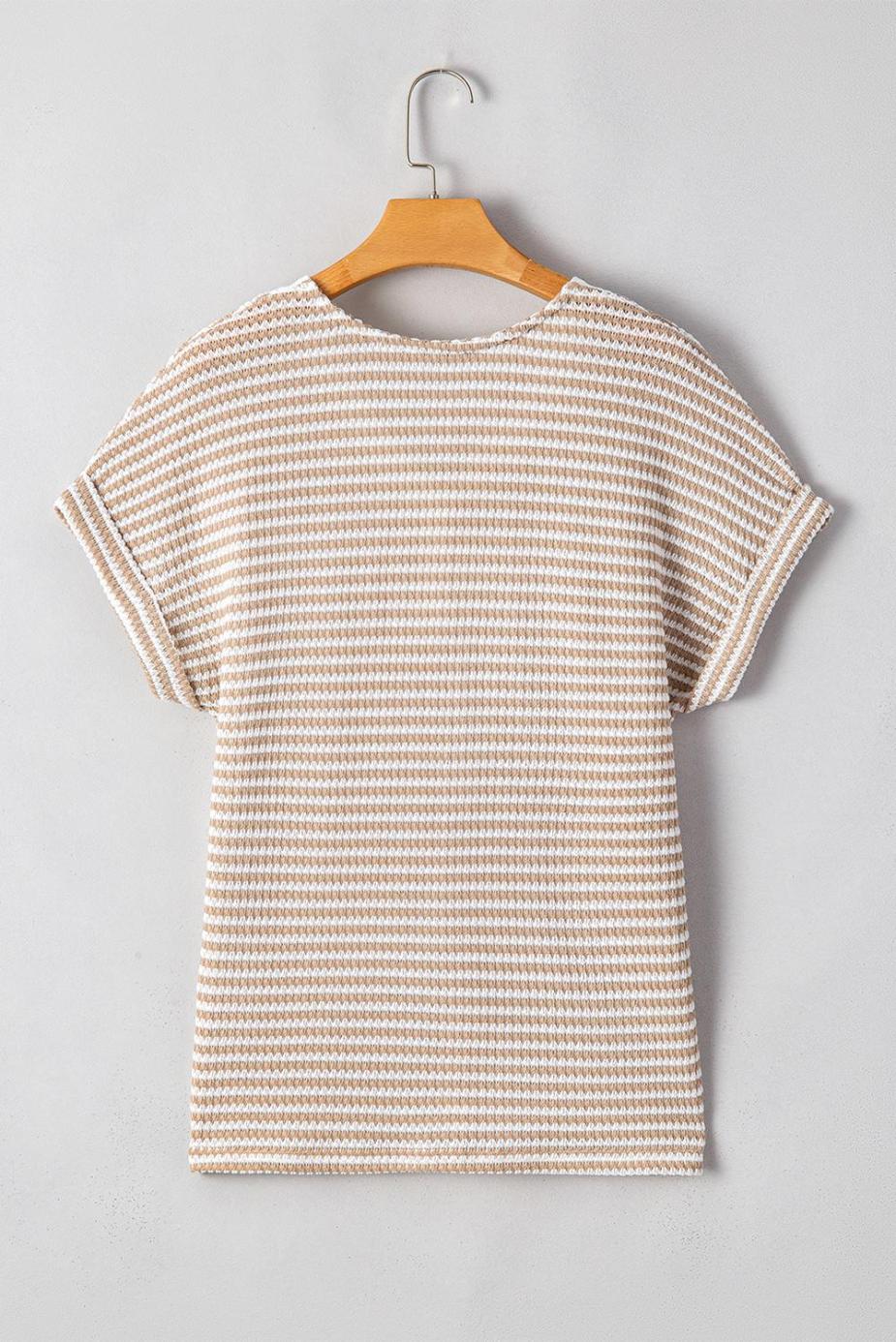 T Shirts | Khaki Striped Button Front V Neck Knitted Top - Women
