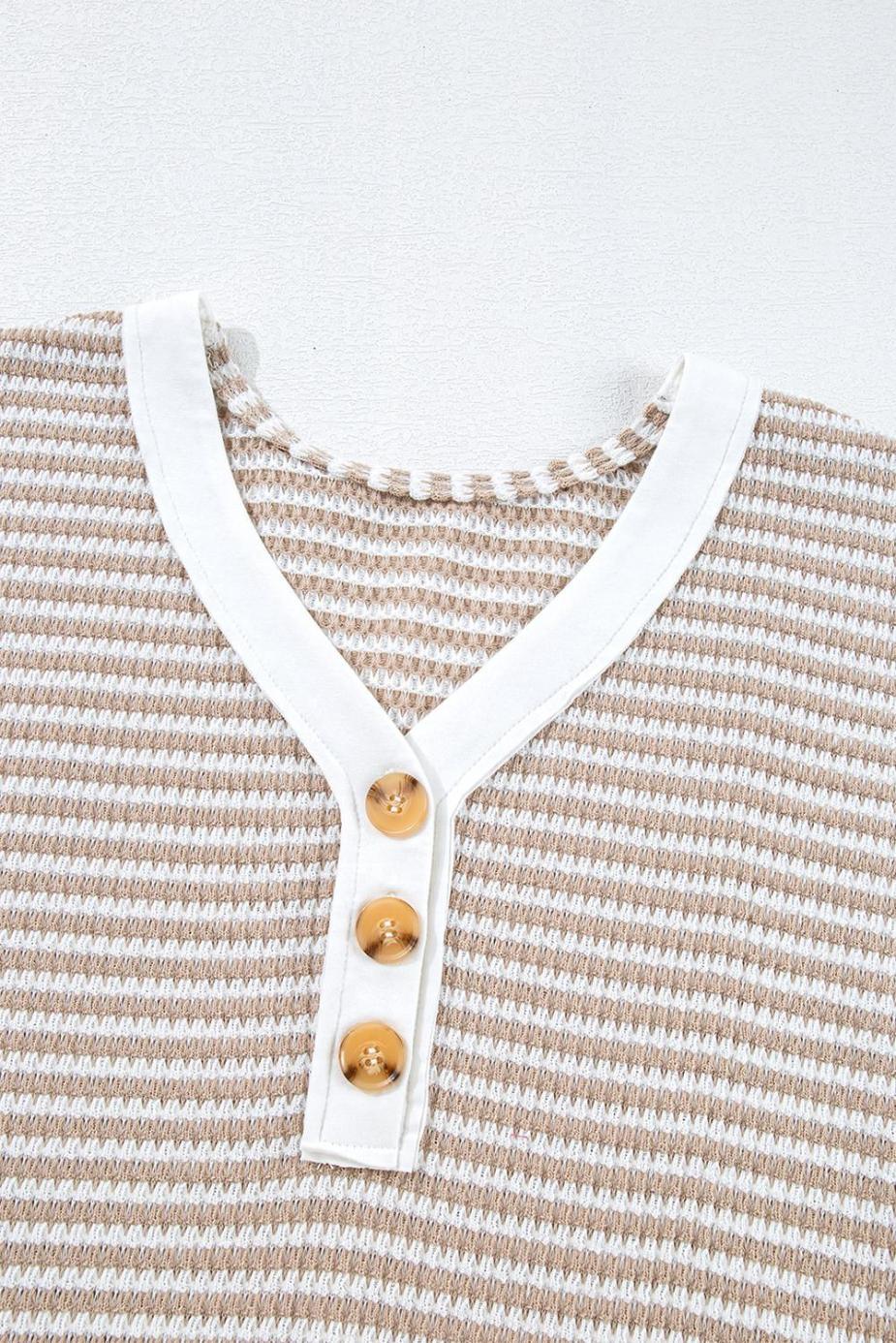 T Shirts | Khaki Striped Button Front V Neck Knitted Top - Women