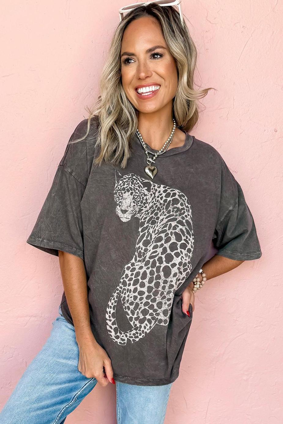 T Shirts | Medium Grey Vintage Cheetah Print Mineral Washed Tee - Women