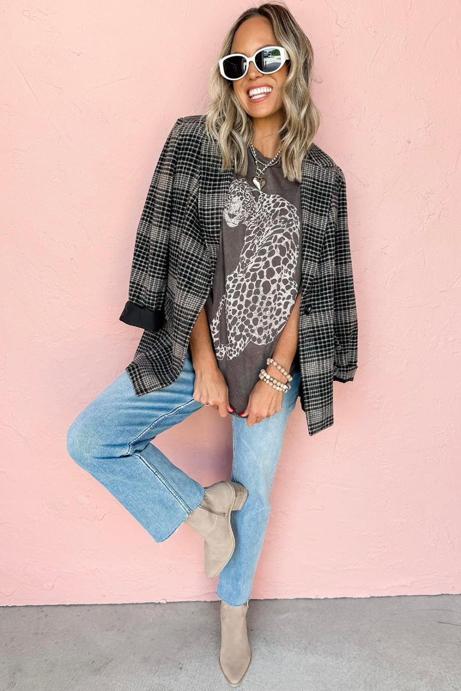 T Shirts | Medium Grey Vintage Cheetah Print Mineral Washed Tee - Women