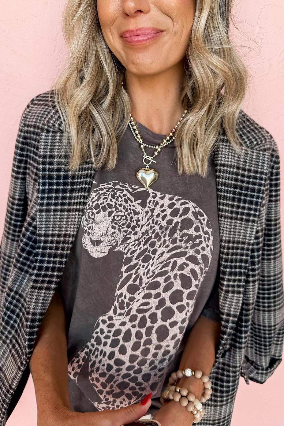 T Shirts | Medium Grey Vintage Cheetah Print Mineral Washed Tee - Women
