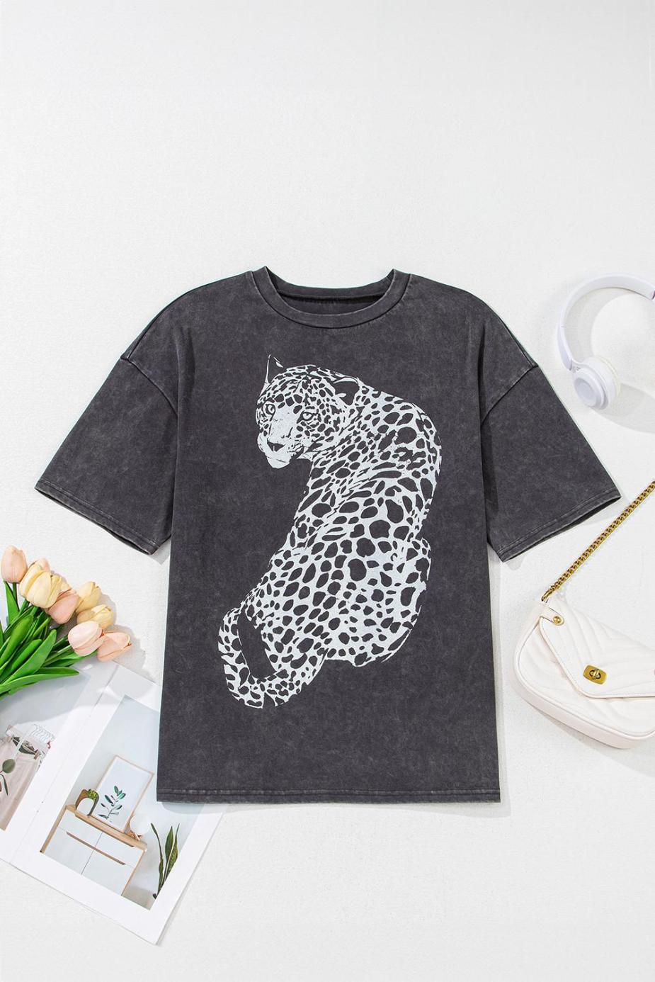 T Shirts | Medium Grey Vintage Cheetah Print Mineral Washed Tee - Women