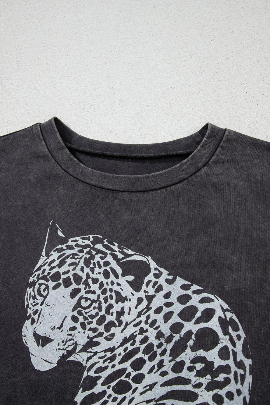 T Shirts | Medium Grey Vintage Cheetah Print Mineral Washed Tee - Women