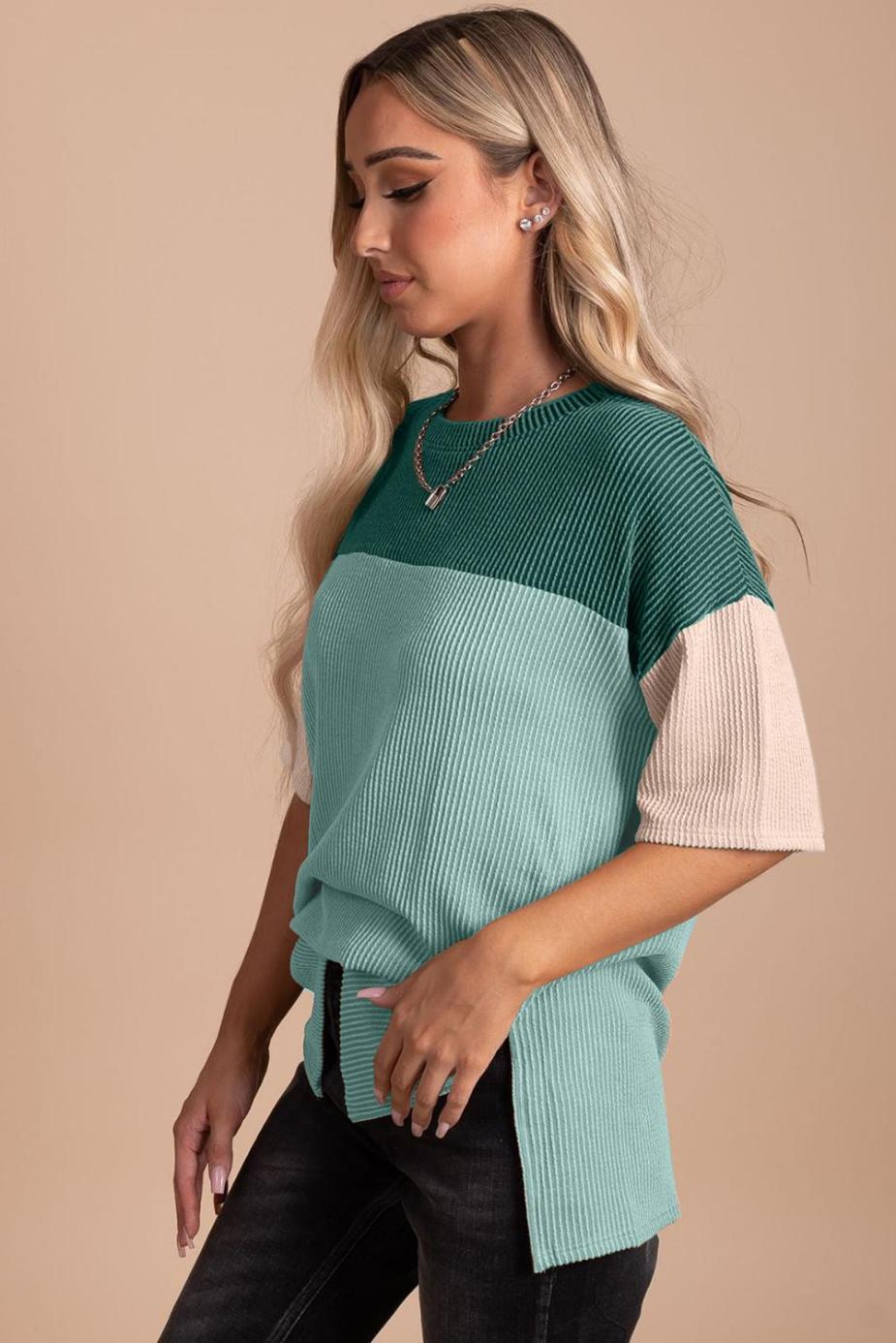 T Shirts | Mint Green Color Block Ribbed Side Slits Half Sleeve Top - Women