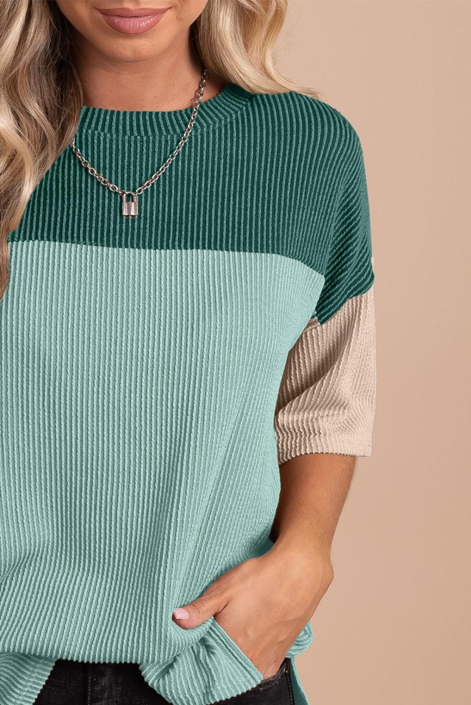T Shirts | Mint Green Color Block Ribbed Side Slits Half Sleeve Top - Women