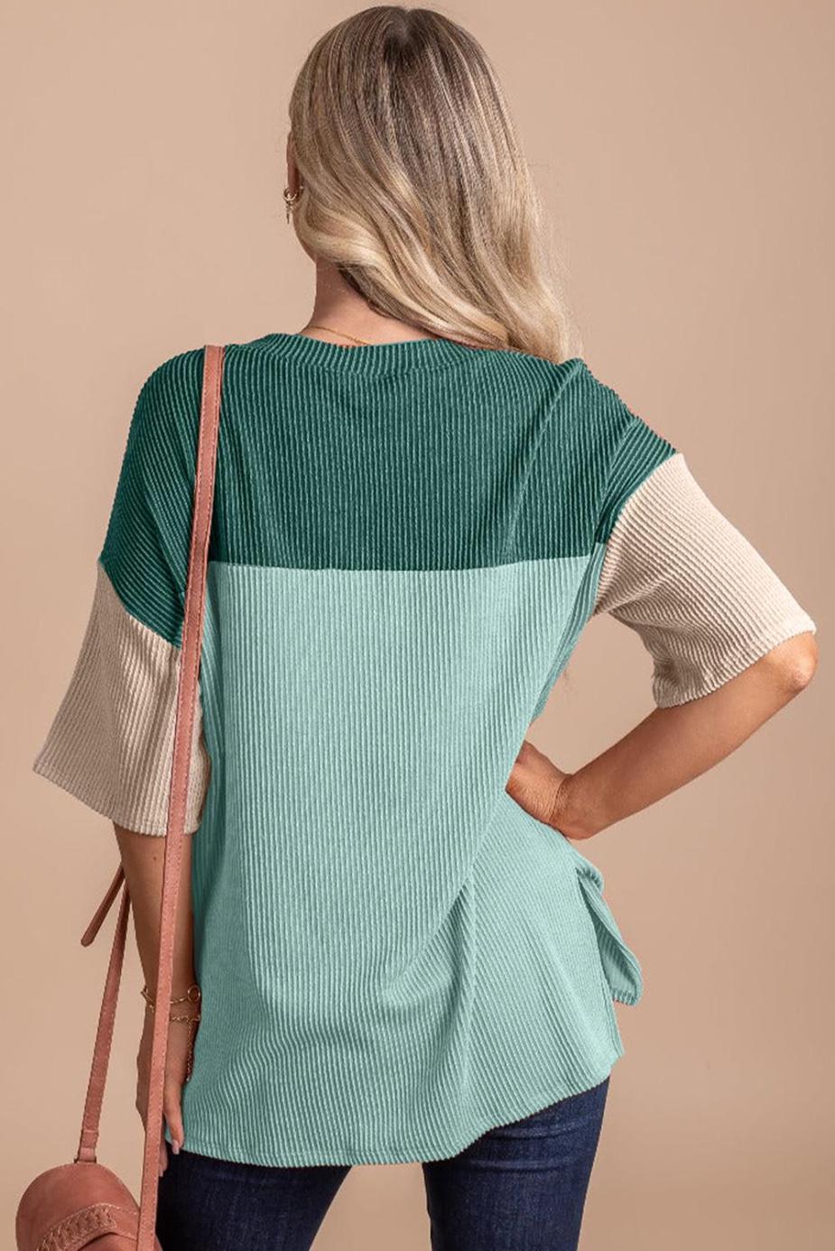 T Shirts | Mint Green Color Block Ribbed Side Slits Half Sleeve Top - Women