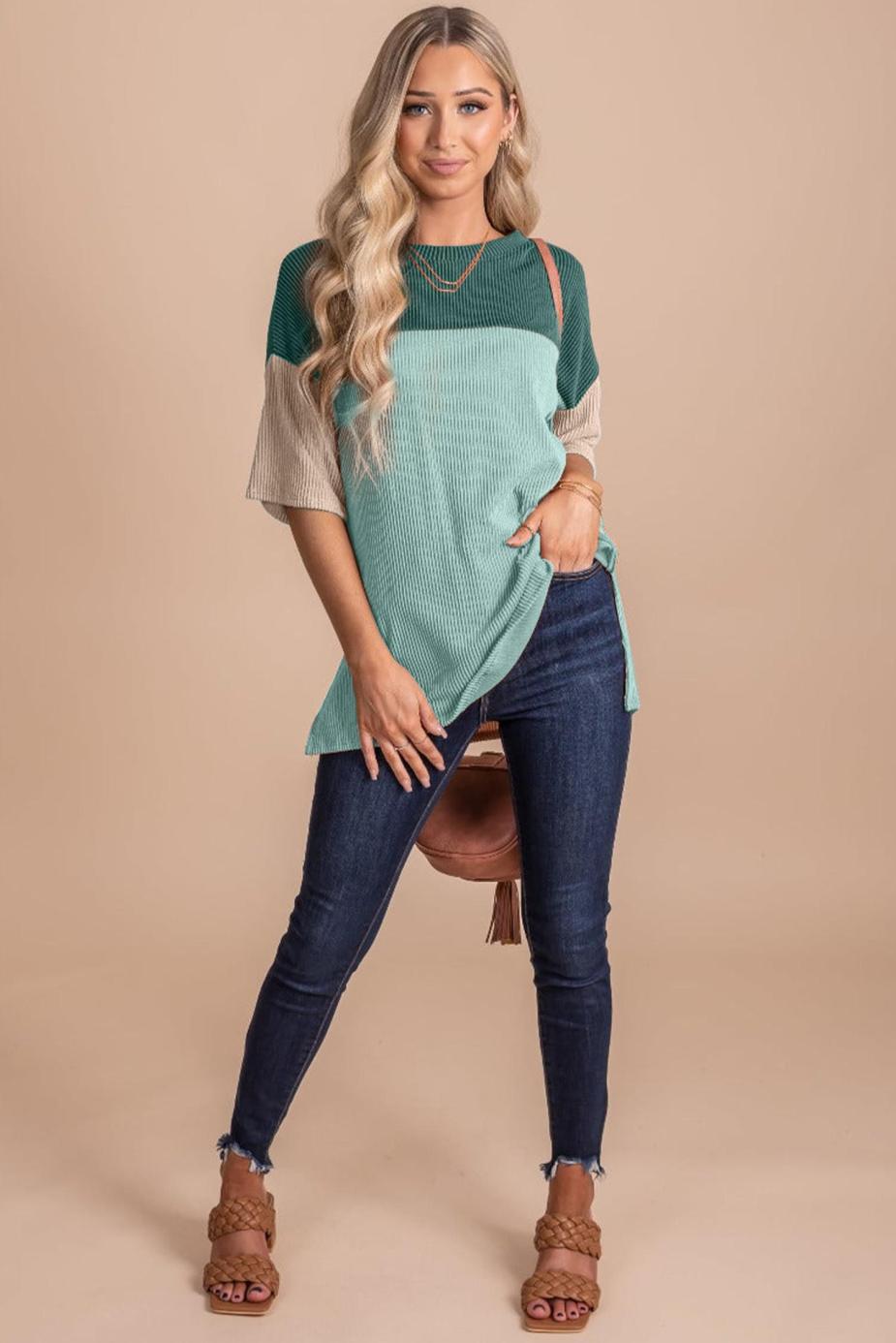 T Shirts | Mint Green Color Block Ribbed Side Slits Half Sleeve Top - Women