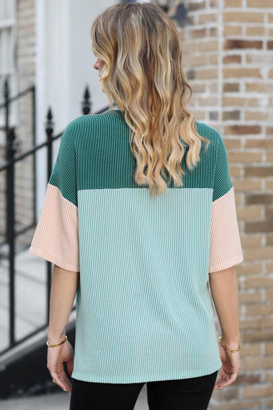 T Shirts | Mint Green Color Block Ribbed Side Slits Half Sleeve Top - Women