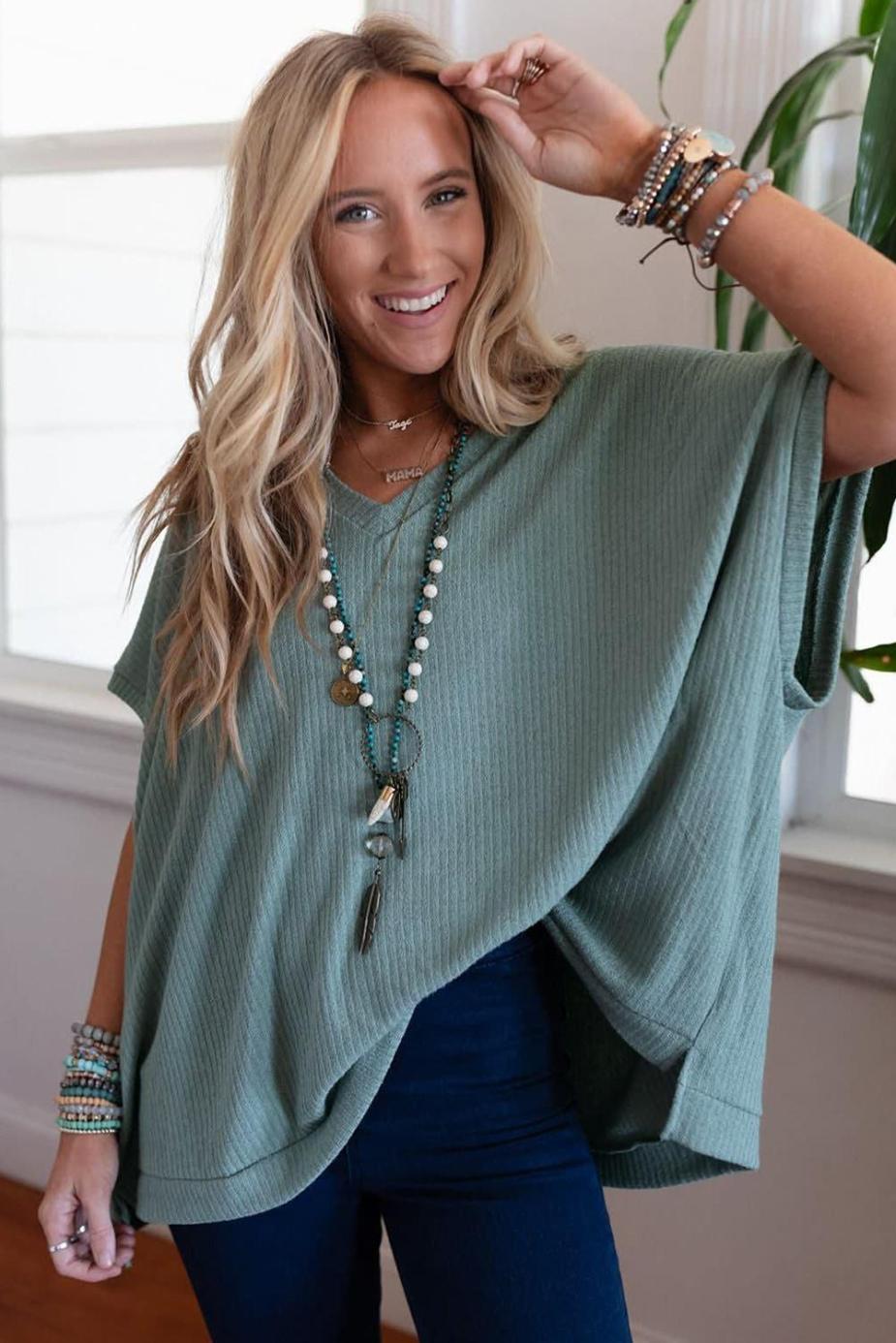 T Shirts | Moonlight Jade Oversized Ribbed Knit V Neck Short Sleeve Top - Women