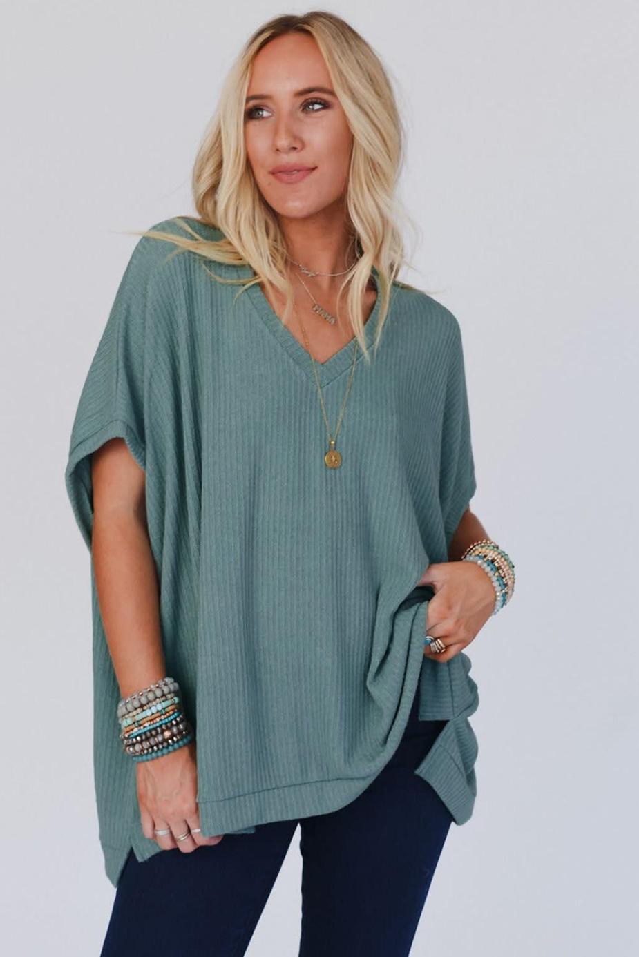 T Shirts | Moonlight Jade Oversized Ribbed Knit V Neck Short Sleeve Top - Women