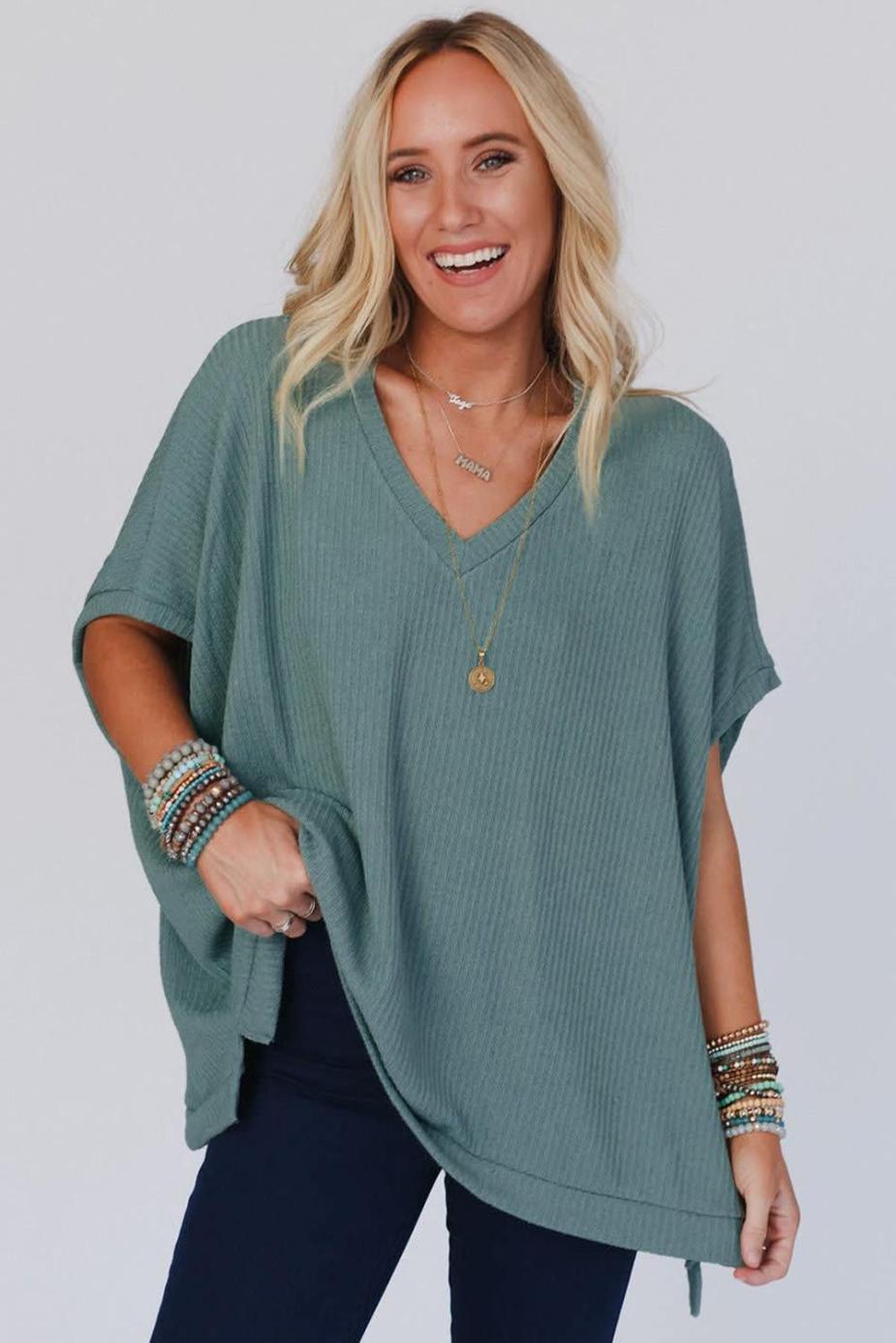 T Shirts | Moonlight Jade Oversized Ribbed Knit V Neck Short Sleeve Top - Women