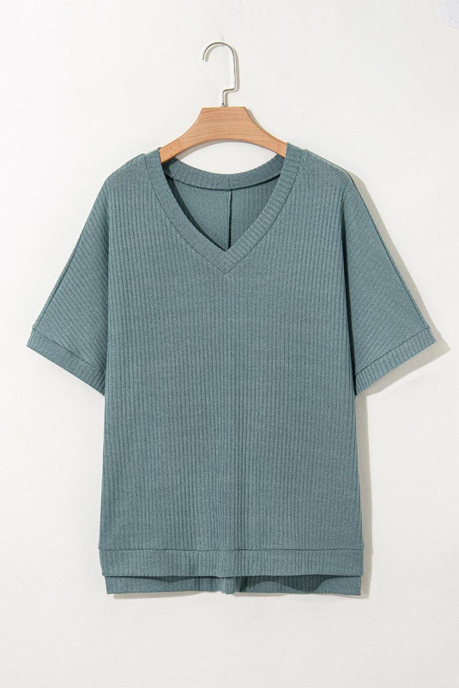 T Shirts | Moonlight Jade Oversized Ribbed Knit V Neck Short Sleeve Top - Women