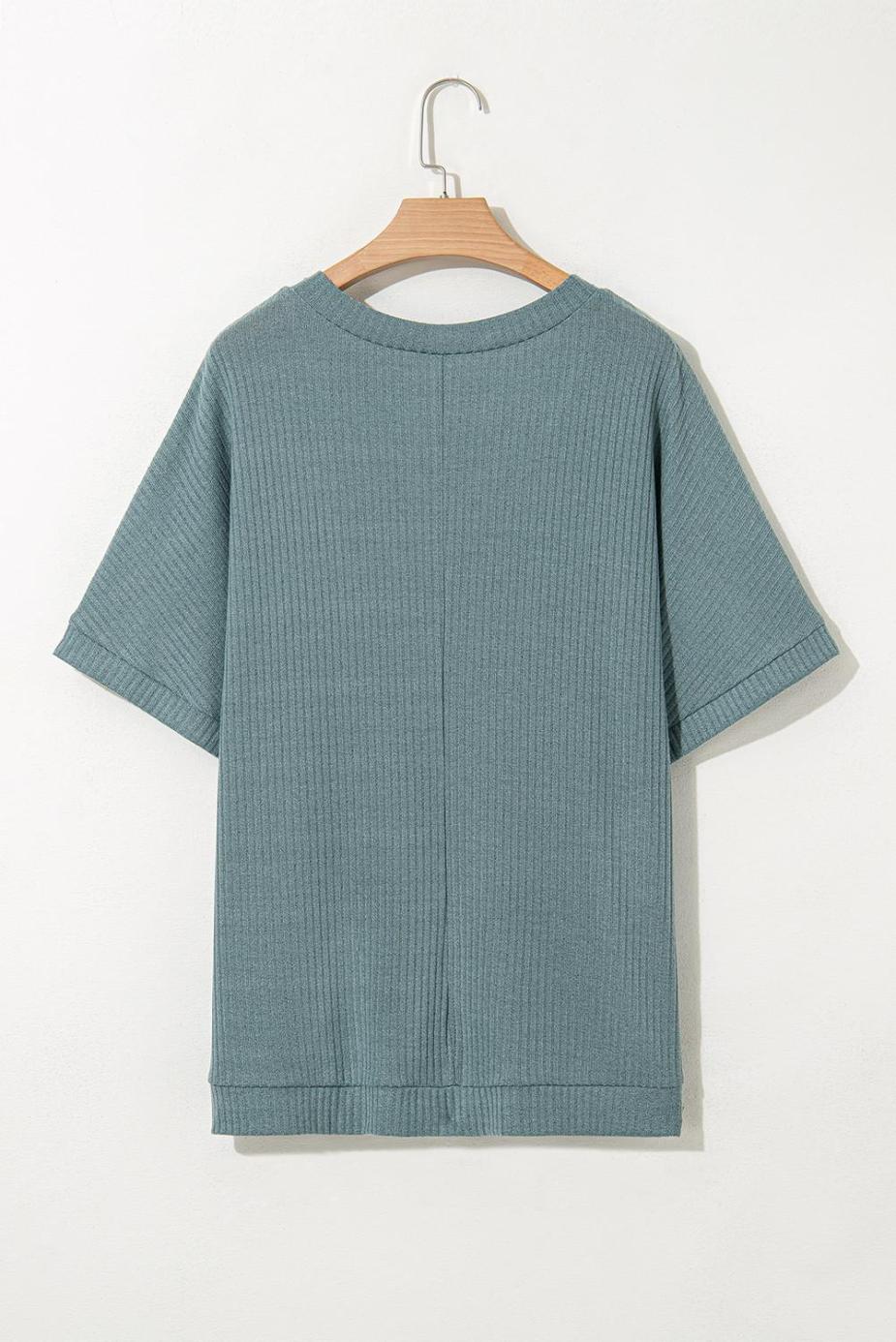 T Shirts | Moonlight Jade Oversized Ribbed Knit V Neck Short Sleeve Top - Women