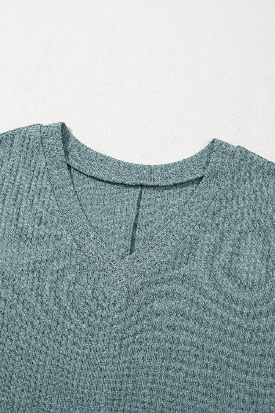 T Shirts | Moonlight Jade Oversized Ribbed Knit V Neck Short Sleeve Top - Women