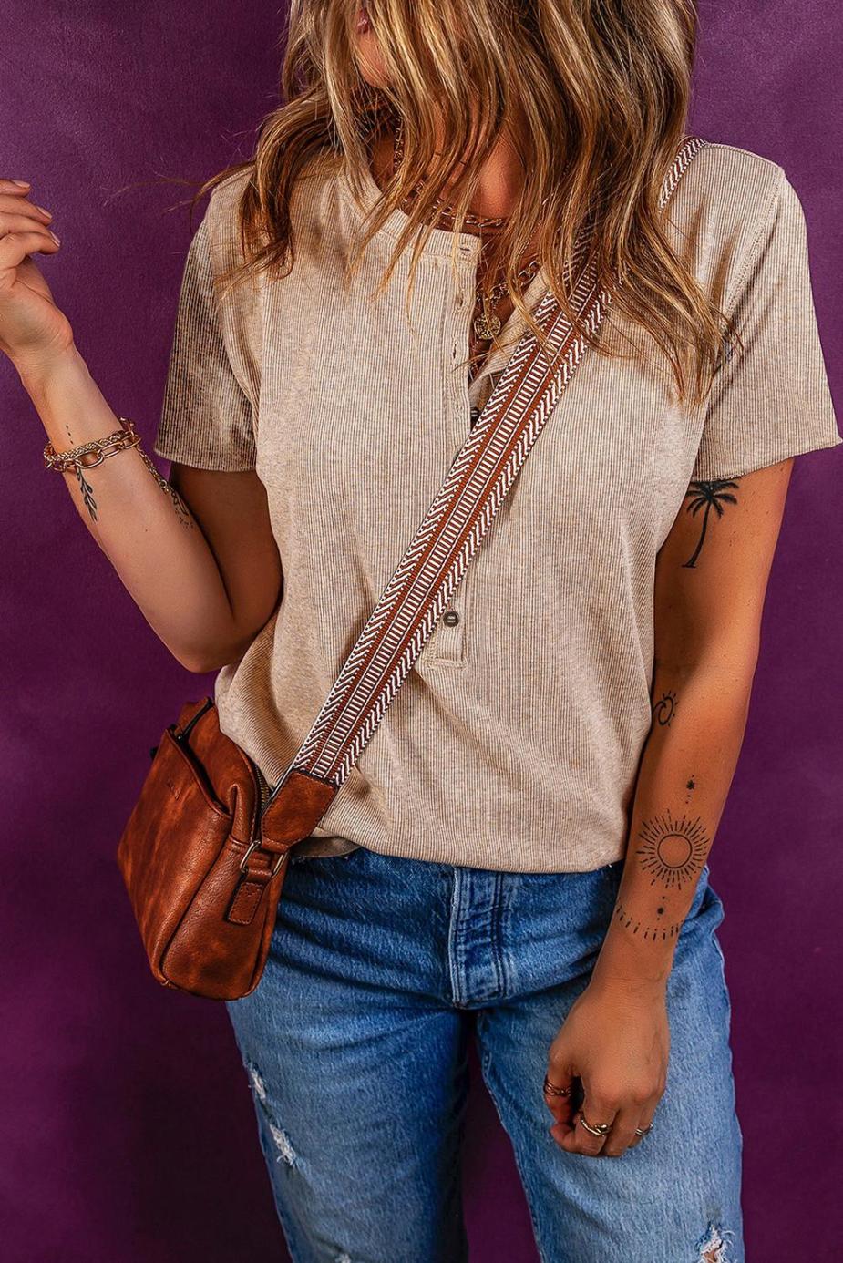 T Shirts | Oatmeal Short Sleeve Half Button Ribbed Top - Women