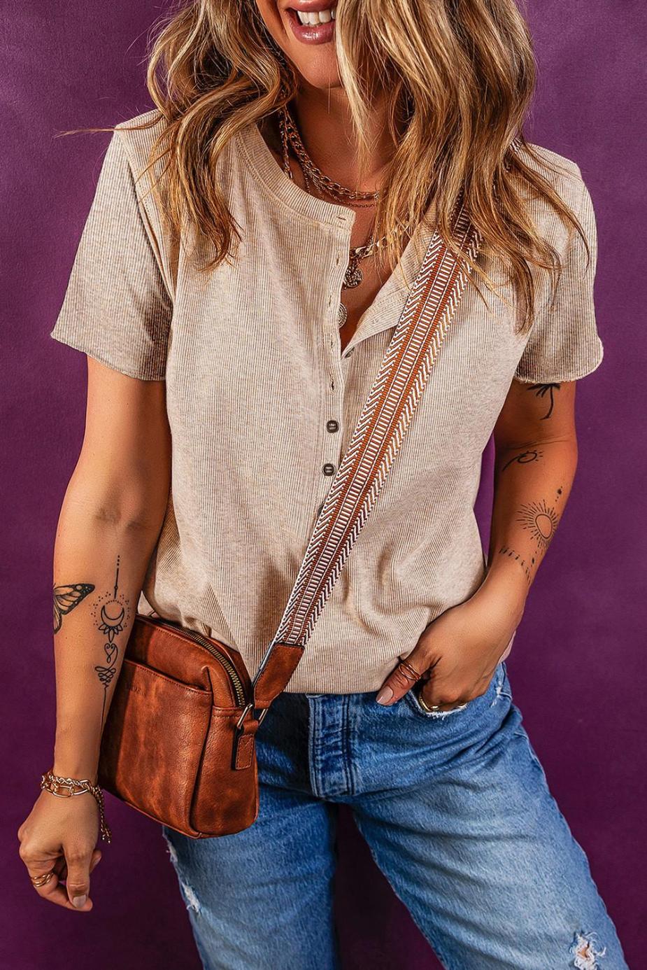 T Shirts | Oatmeal Short Sleeve Half Button Ribbed Top - Women