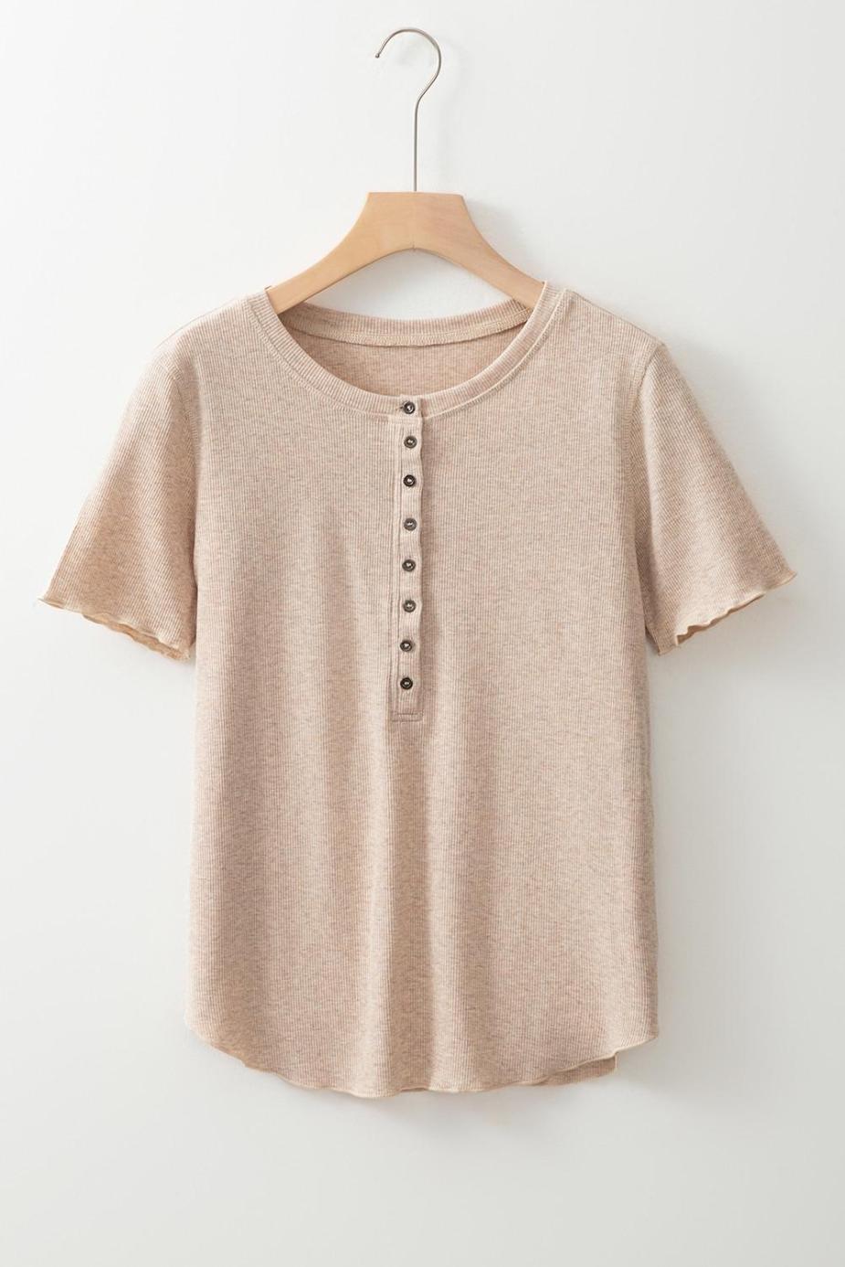 T Shirts | Oatmeal Short Sleeve Half Button Ribbed Top - Women