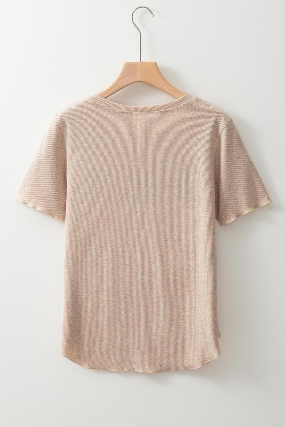 T Shirts | Oatmeal Short Sleeve Half Button Ribbed Top - Women