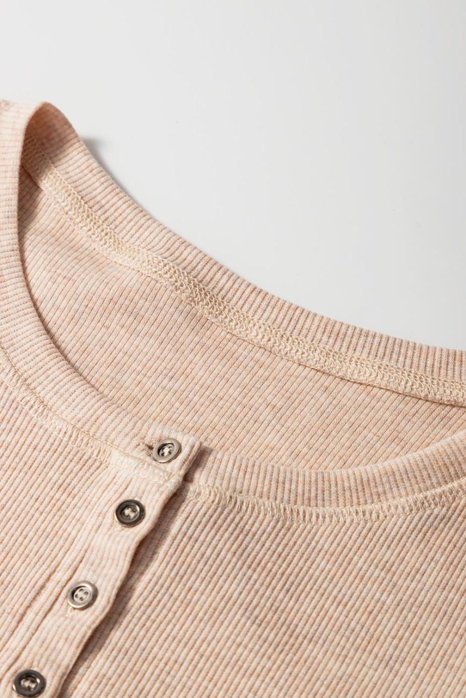 T Shirts | Oatmeal Short Sleeve Half Button Ribbed Top - Women