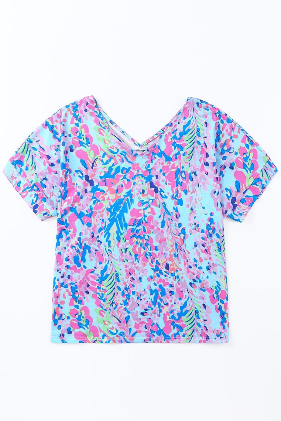 T Shirts | Pastel Blue Abstract Floral Print Short Sleeve V Neck T Shirt - Women