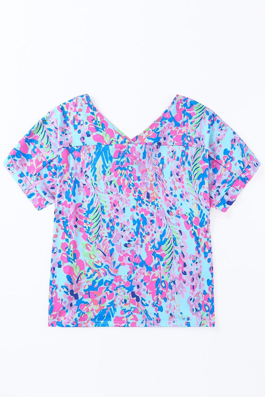 T Shirts | Pastel Blue Abstract Floral Print Short Sleeve V Neck T Shirt - Women