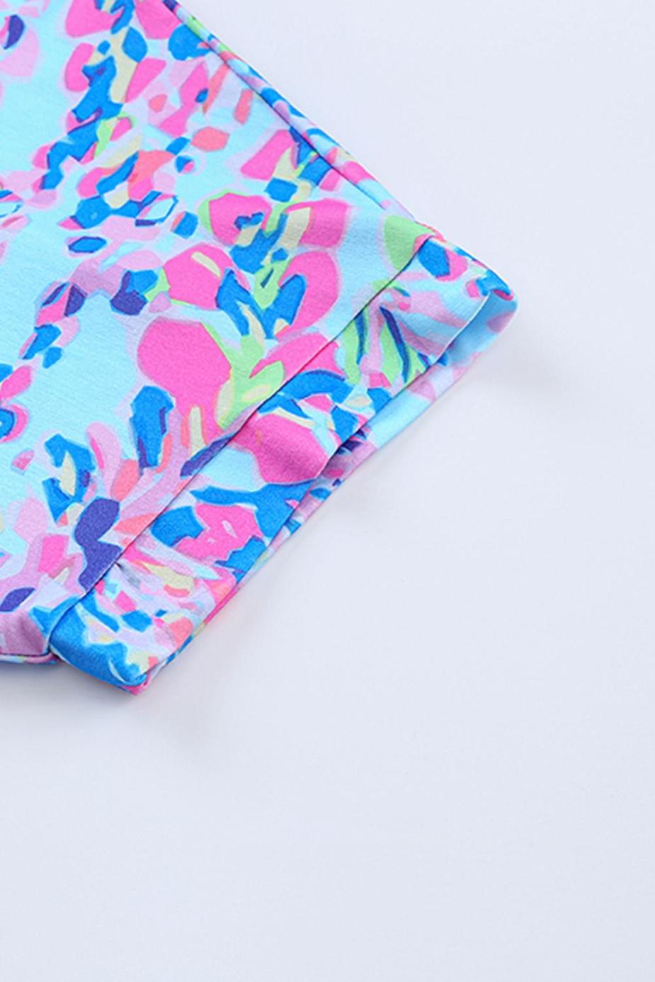 T Shirts | Pastel Blue Abstract Floral Print Short Sleeve V Neck T Shirt - Women