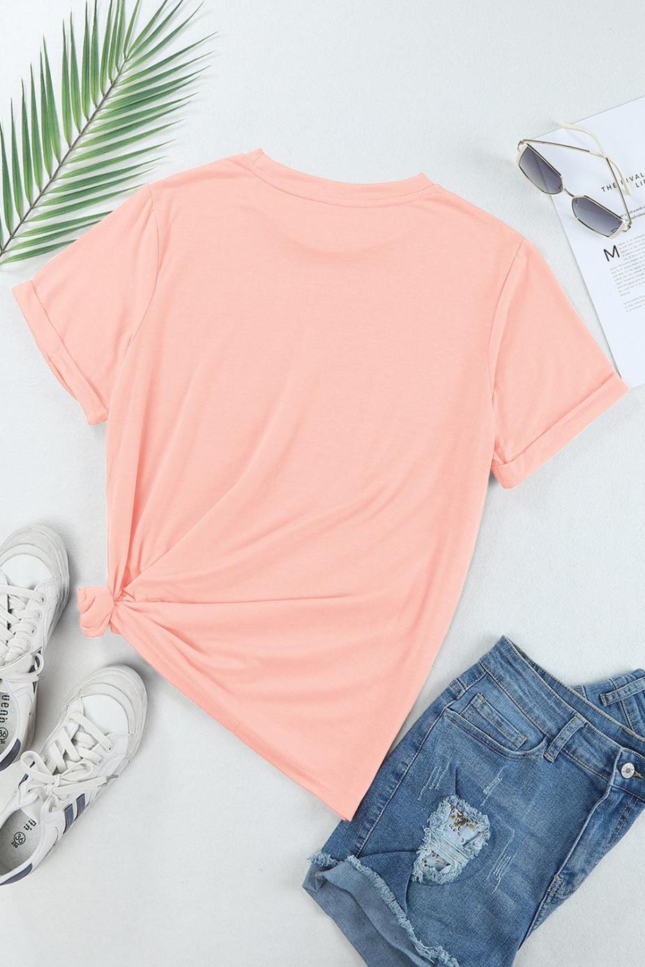 T Shirts | Pink Solid Color Basic Crew Neck Plain Tee - Women