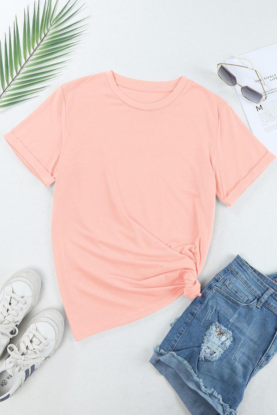 T Shirts | Pink Solid Color Basic Crew Neck Plain Tee - Women