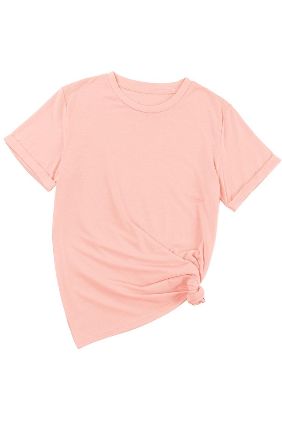 T Shirts | Pink Solid Color Basic Crew Neck Plain Tee - Women