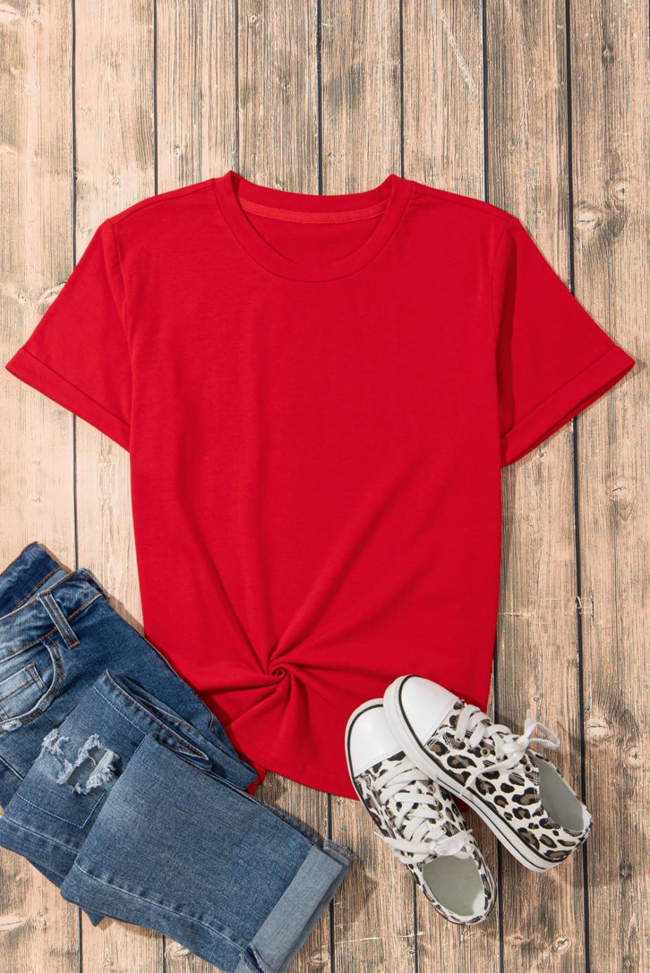 T Shirts | Red Solid Color Basic Crew Neck Plain Tee - Women