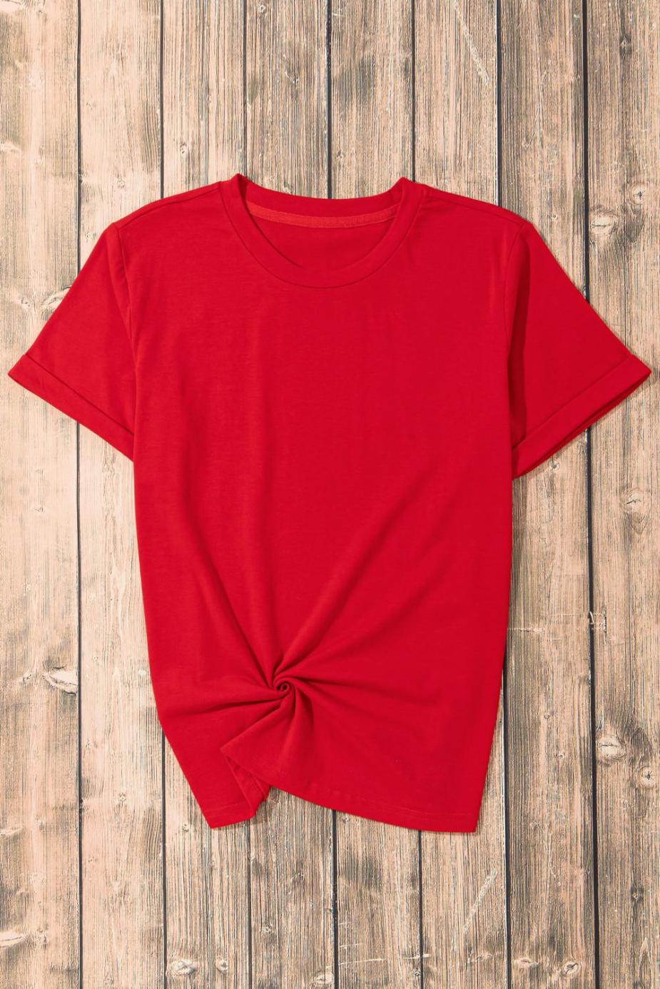 T Shirts | Red Solid Color Basic Crew Neck Plain Tee - Women