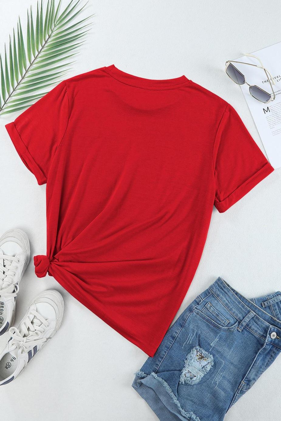 T Shirts | Red Solid Color Basic Crew Neck Plain Tee - Women